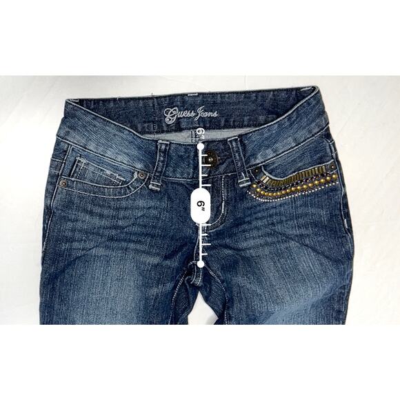 Guess Foxy Embellished Stretch Flared Jeans 24 Denim‎ Gem Jewels Whiskered Studs - Picture 6 of 13